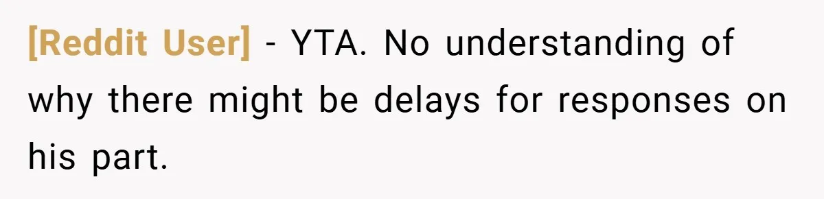 [Reddit User] − YTA. No understanding of why there might be delays for responses on his part.