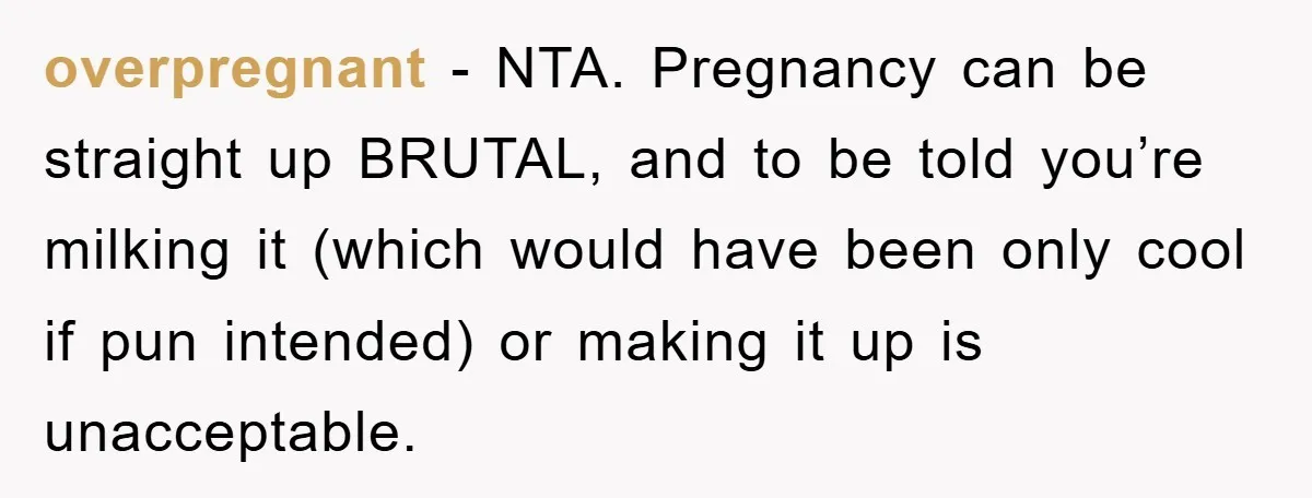 overpregnant − NTA. Pregnancy can be straight up BRUTAL, and to be told you’re milking it (which would have been only cool if pun intended) or making it up is...