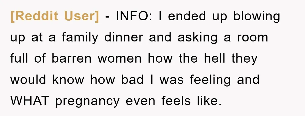 [Reddit User] − INFO: I ended up blowing up at a family dinner and asking a room full of barren women how the hell they would know how bad I...