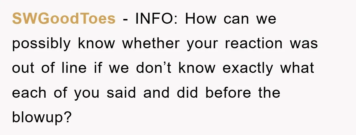 SWGoodToes − INFO: How can we possibly know whether your reaction was out of line if we don’t know exactly what each of you said and did before the blowup?