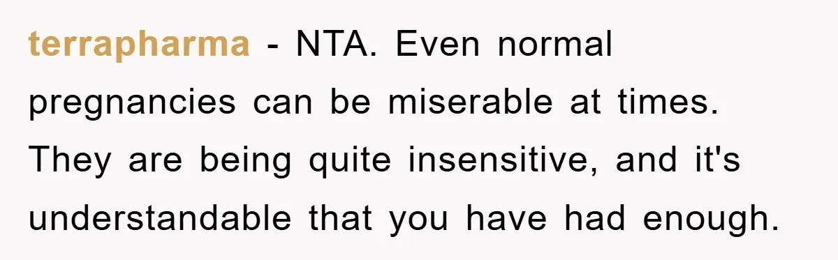 terrapharma − NTA. Even normal pregnancies can be miserable at times. They are being quite insensitive, and it's understandable that you have had enough.