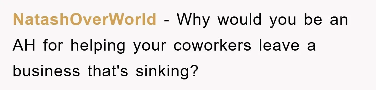 NatashOverWorld − Why would you be an AH for helping your coworkers leave a business that's sinking?