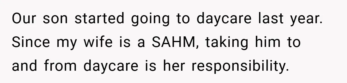 Our son started going to daycare last year. Since my wife is a SAHM, taking him to and from daycare is her responsibility.