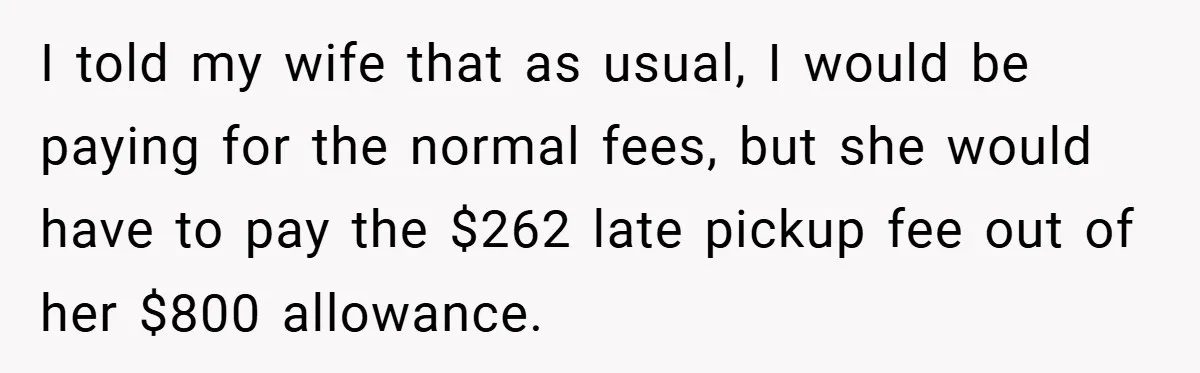 I told my wife that as usual, I would be paying for the normal fees, but she would have to pay the $262 late pickup fee out of her $800...