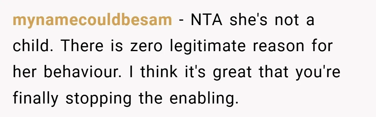 mynamecouldbesam − NTA she's not a child. There is zero legitimate reason for her behaviour. I think it's great that you're finally stopping the enabling.