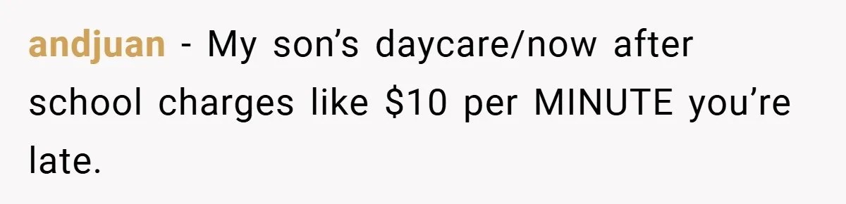 andjuan − My son’s daycare/now after school charges like $10 per MINUTE you’re late.