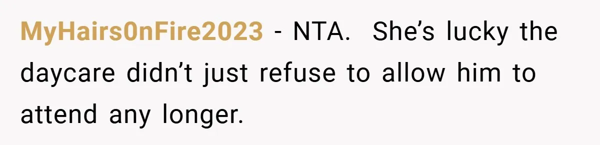 MyHairs0nFire2023 − NTA.  She’s lucky the daycare didn’t just refuse to allow him to attend any longer.