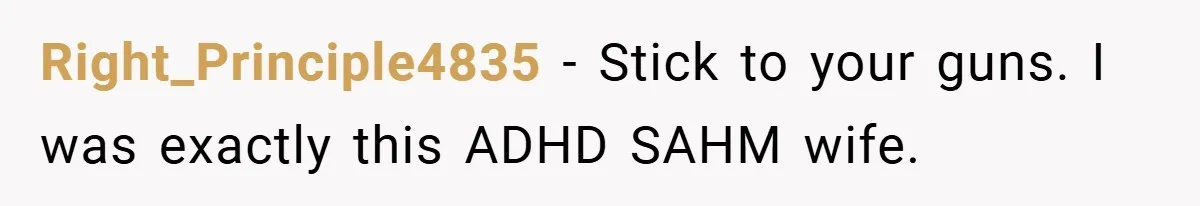 Right_Principle4835 − Stick to your guns. I was exactly this ADHD SAHM wife.
