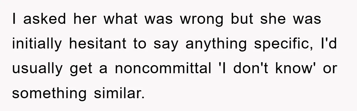 I asked her what was wrong but she was initially hesitant to say anything specific, I'd usually get a noncommittal 'I don't know' or something similar.