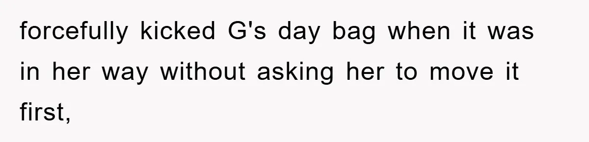 forcefully kicked G's day bag when it was in her way without asking her to move it first,
