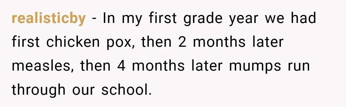 realisticby − In my first grade year we had first chicken pox, then 2 months later measles, then 4 months later mumps run through our school.