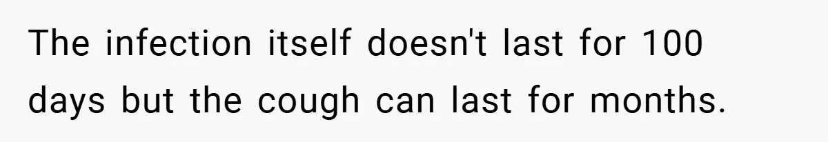 The infection itself doesn't last for 100 days but the cough can last for months.