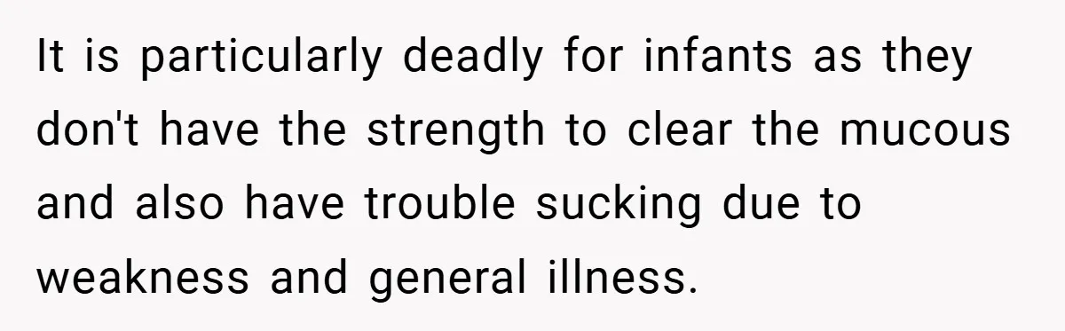 It is particularly deadly for infants as they don't have the strength to clear the mucous and also have trouble sucking due to weakness and general illness.