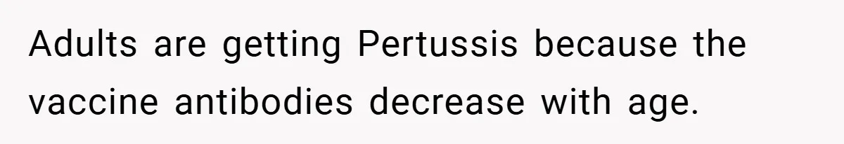 Adults are getting Pertussis because the vaccine antibodies decrease with age.