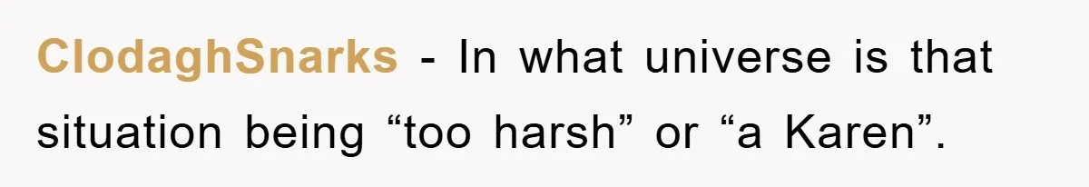 ClodaghSnarks − In what universe is that situation being “too harsh” or “a Karen”.
