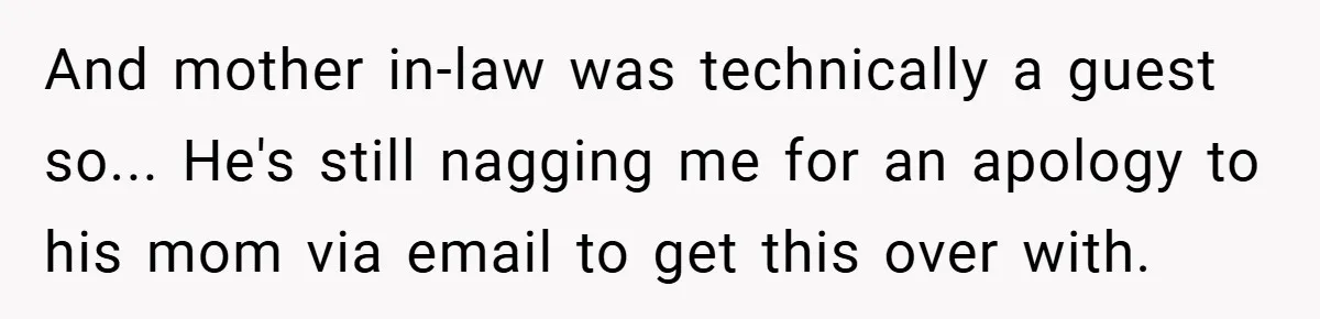 And mother in-law was technically a guest so... He's still nagging me for an apology to his mom via email to get this over with.