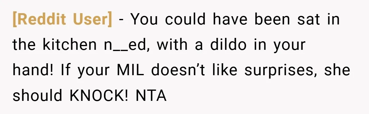 [Reddit User] − You could have been sat in the kitchen n__ed, with a dildo in your hand! If your MIL doesn’t like surprises, she should KNOCK! NTA