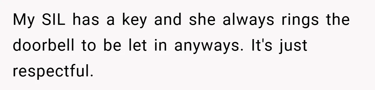 My SIL has a key and she always rings the doorbell to be let in anyways. It's just respectful.