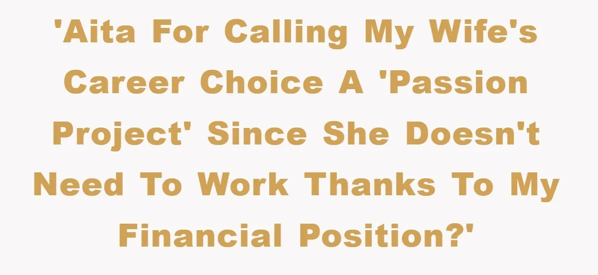 “It’s Just A Passion Project”, Man’s Comment About His Wife’s Career Sparks Family Feud 'AITA for calling my wife's career choice a 'passion project' since she doesn't need to work thanks to my financial position?'