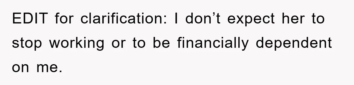 “It’s Just A Passion Project”, Man’s Comment About His Wife’s Career Sparks Family Feud EDIT for clarification: I don’t expect her to stop working or to be financially dependent on me.