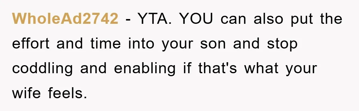 “It’s Just A Passion Project”, Man’s Comment About His Wife’s Career Sparks Family Feud WholeAd2742 − YTA. YOU can also put the effort and time into your son and stop coddling and enabling if that's what your wife feels.