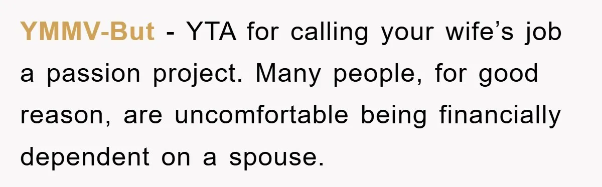 “It’s Just A Passion Project”, Man’s Comment About His Wife’s Career Sparks Family Feud YMMV-But − YTA for calling your wife’s job a passion project. Many people, for good reason, are uncomfortable being financially dependent on a spouse.