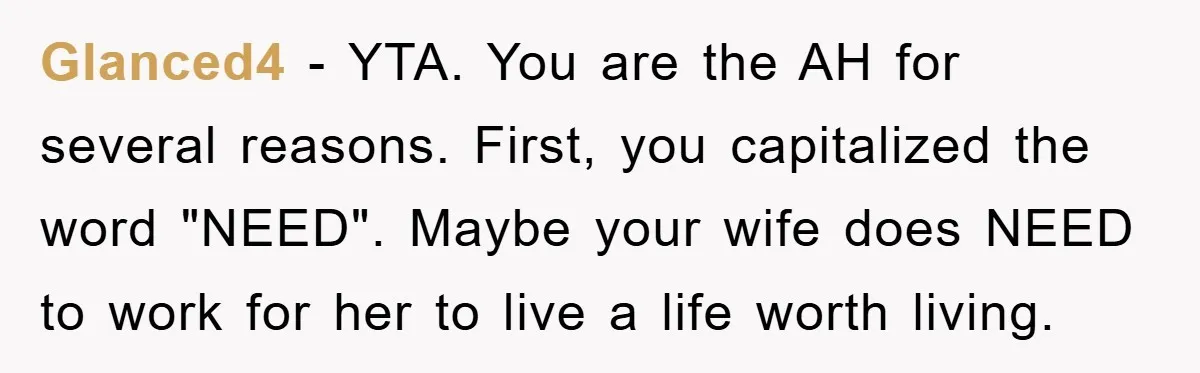 “It’s Just A Passion Project”, Man’s Comment About His Wife’s Career Sparks Family Feud Glanced4 − YTA. You are the AH for several reasons. First, you capitalized the word "NEED". Maybe your wife does NEED to work for her to live a life worth...