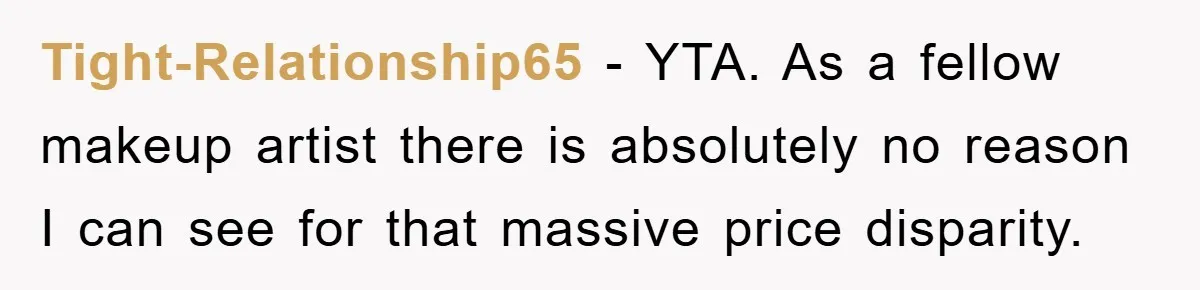 Tight-Relationship65 − YTA. As a fellow makeup artist there is absolutely no reason I can see for that massive price disparity.