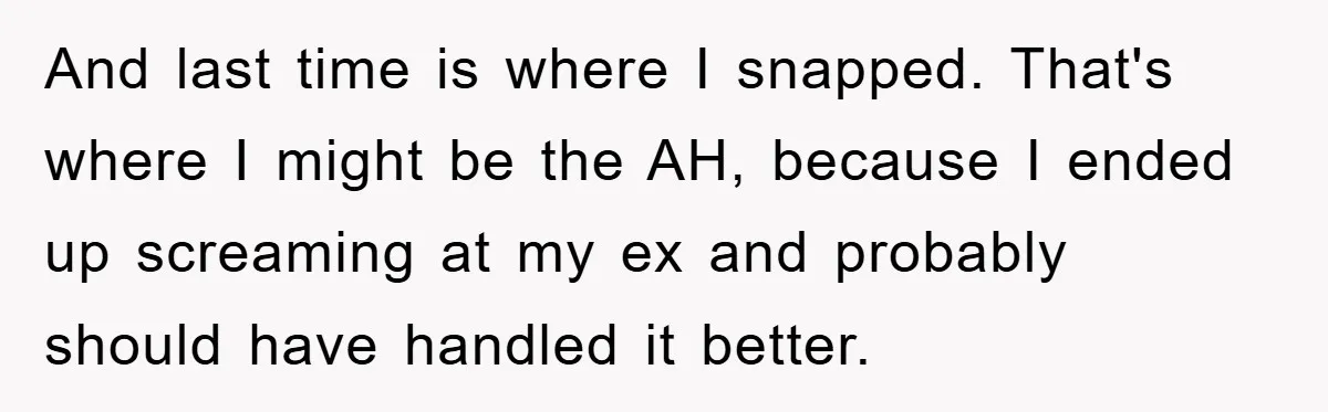 And last time is where I snapped. That's where I might be the AH, because I ended up screaming at my ex and probably should have handled it better.