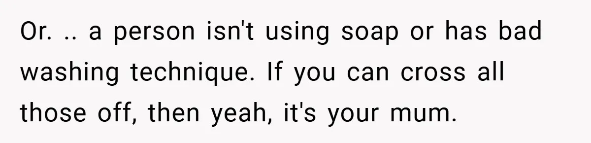 Or. .. a person isn't using soap or has bad washing technique. If you can cross all those off, then yeah, it's your mum.