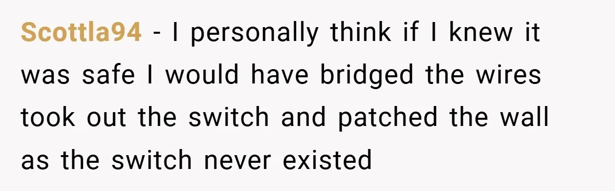 Neighbor Hated Their Light, Their Dog, Their Trash Can—So The Husband Left Him One Last Surprise Scottla94 − I personally think if I knew it was safe I would have bridged the wires took out the switch and patched the wall as the switch never existed