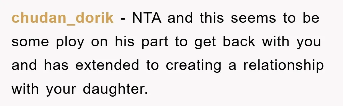 chudan_dorik − NTA and this seems to be some ploy on his part to get back with you and has extended to creating a relationship with your daughter.