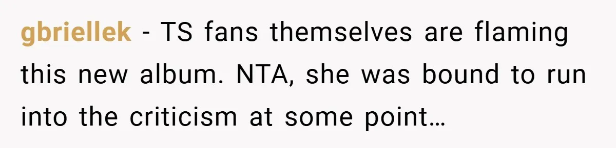 gbriellek − TS fans themselves are flaming this new album. NTA, she was bound to run into the criticism at some point…