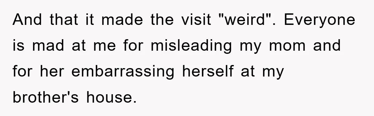 Mom Couldn’t Stop Asking Personal Questions, So Her Daughter Fought Back With Creative Lies And that it made the visit "weird". Everyone is mad at me for misleading my mom and for her embarrassing herself at my brother's house.