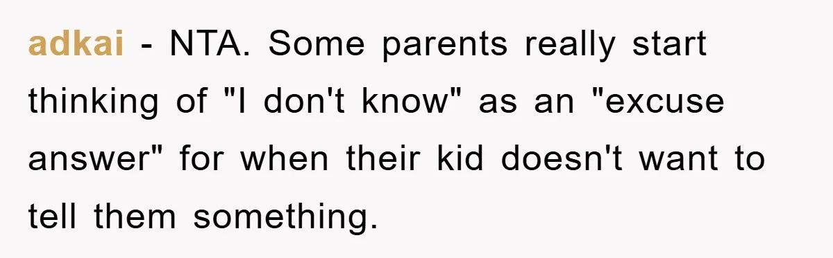Mom Couldn’t Stop Asking Personal Questions, So Her Daughter Fought Back With Creative Lies adkai − NTA. Some parents really start thinking of "I don't know" as an "excuse answer" for when their kid doesn't want to tell them something.