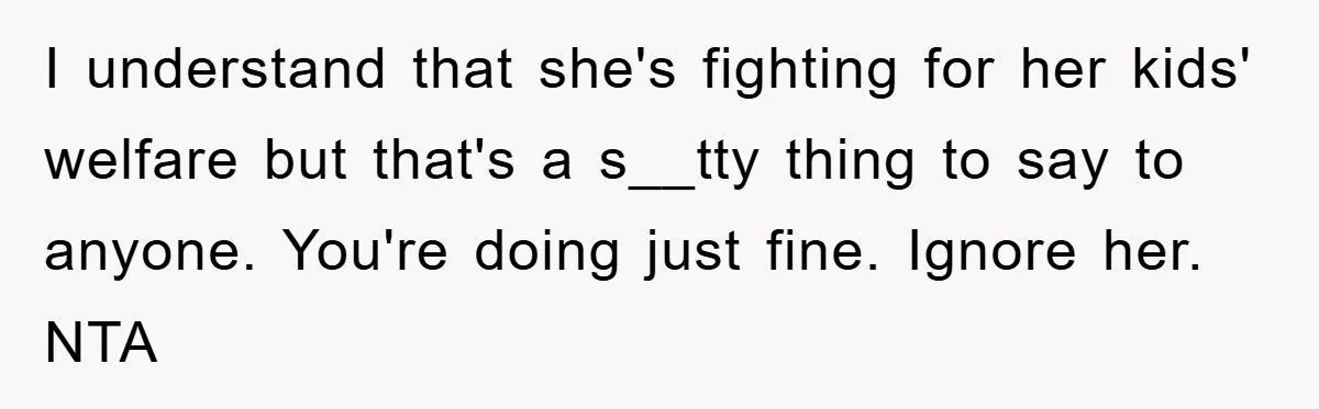 I understand that she's fighting for her kids' welfare but that's a s__tty thing to say to anyone. You're doing just fine. Ignore her. NTA