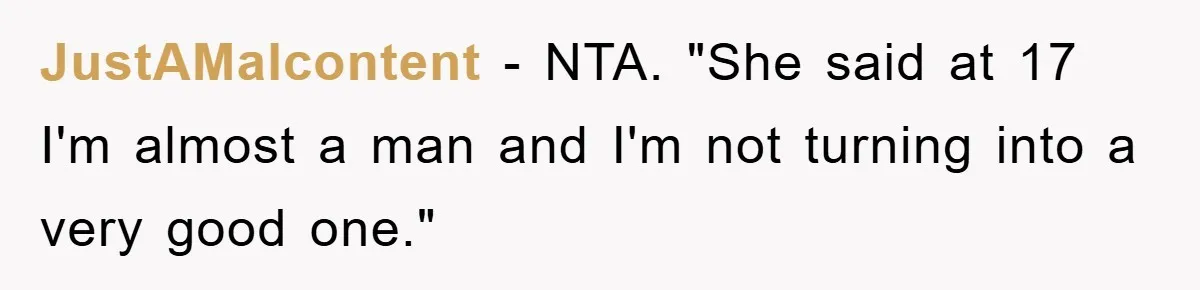 JustAMalcontent − NTA. "She said at 17 I'm almost a man and I'm not turning into a very good one."