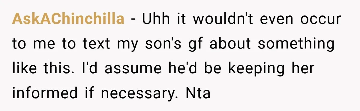 AskAChinchilla − Uhh it wouldn't even occur to me to text my son's gf about something like this. I'd assume he'd be keeping her informed if necessary. Nta