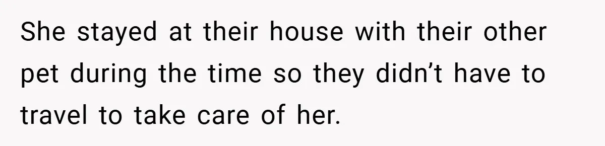 She stayed at their house with their other pet during the time so they didn’t have to travel to take care of her.