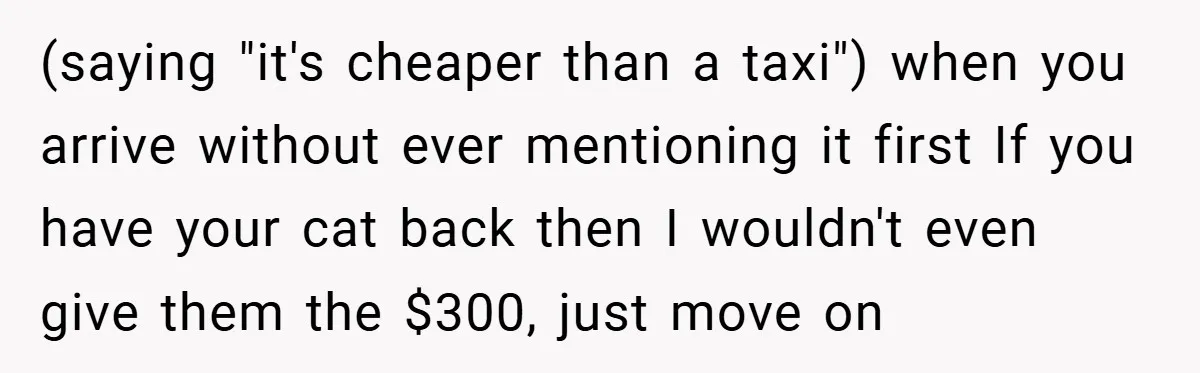 (saying "it's cheaper than a taxi") when you arrive without ever mentioning it first If you have your cat back then I wouldn't even give them the $300, just move...