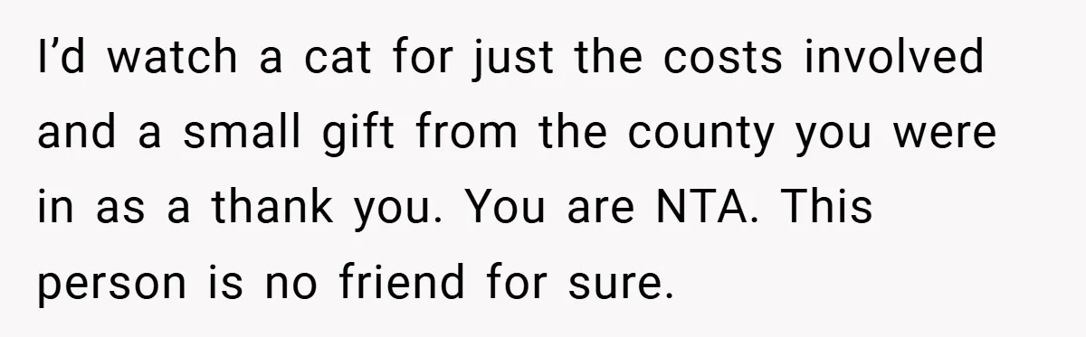 I’d watch a cat for just the costs involved and a small gift from the county you were in as a thank you. You are NTA. This person is no...