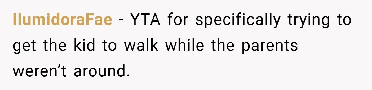 IlumidoraFae − YTA for specifically trying to get the kid to walk while the parents weren’t around.
