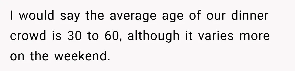 I would say the average age of our dinner crowd is 30 to 60, although it varies more on the weekend.
