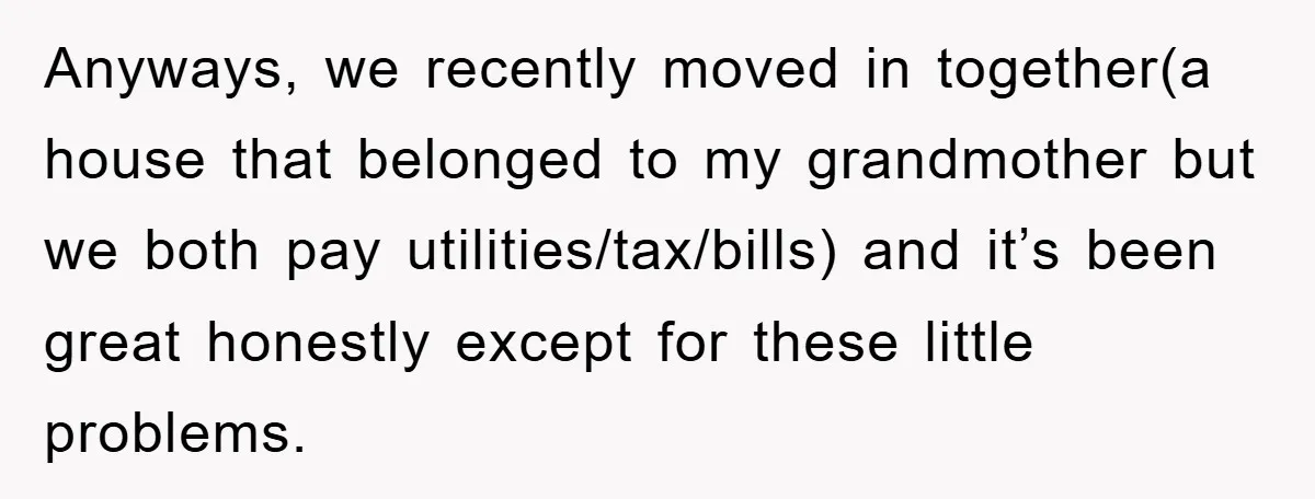 Anyways, we recently moved in together(a house that belonged to my grandmother but we both pay utilities/tax/bills) and it’s been great honestly except for these little problems.