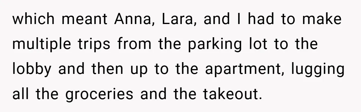 which meant Anna, Lara, and I had to make multiple trips from the parking lot to the lobby and then up to the apartment, lugging all the groceries and the...