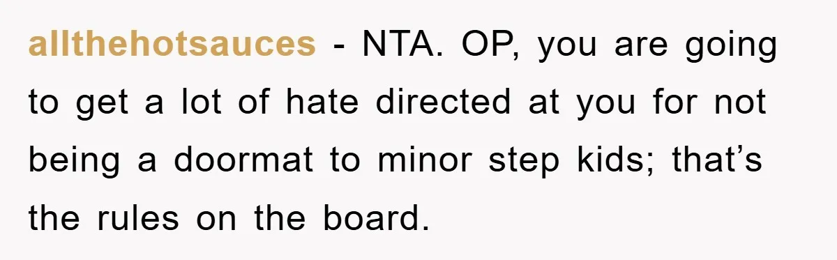 allthehotsauces − NTA. OP, you are going to get a lot of hate directed at you for not being a doormat to minor step kids; that’s the rules on the...