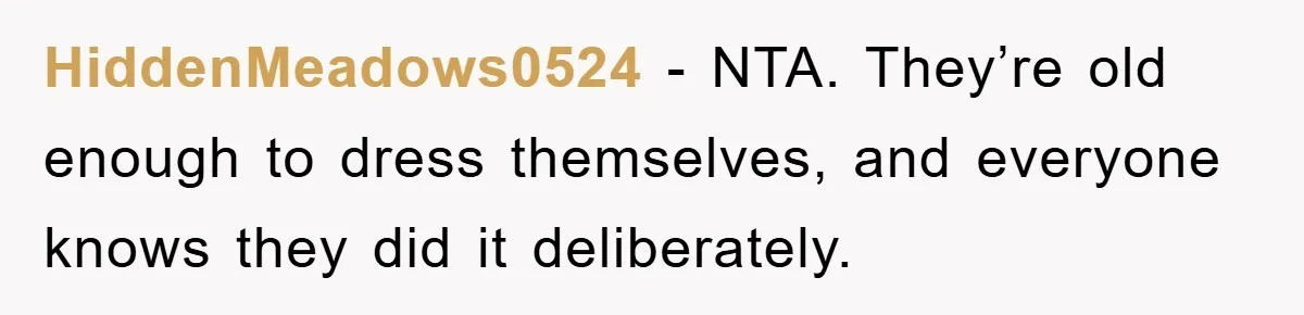 HiddenMeadows0524 − NTA. They’re old enough to dress themselves, and everyone knows they did it deliberately.