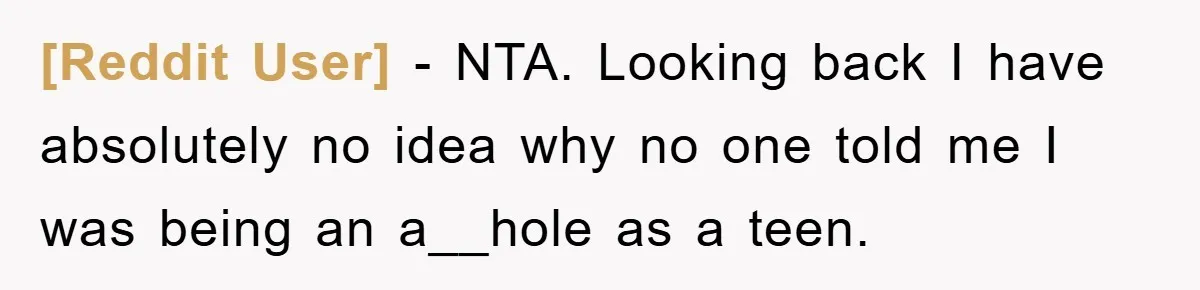 [Reddit User] − NTA. Looking back I have absolutely no idea why no one told me I was being an a__hole as a teen.