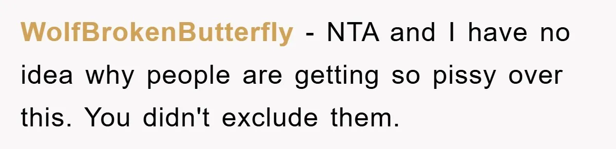 WolfBrokenButterfly − NTA and I have no idea why people are getting so pissy over this. You didn't exclude them.