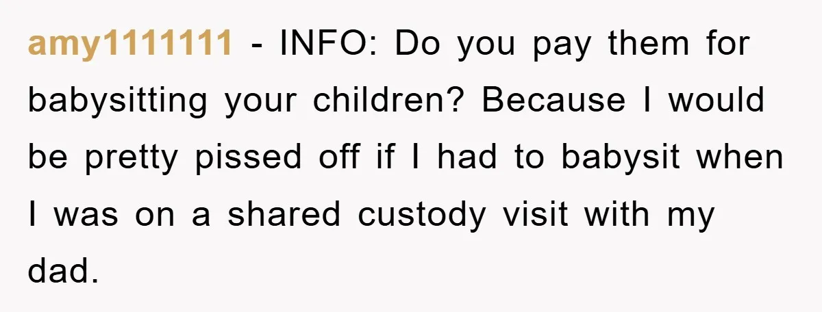 amy1111111 − INFO: Do you pay them for babysitting your children? Because I would be pretty pissed off if I had to babysit when I was on a shared custody...